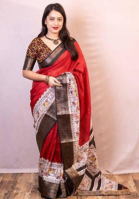Red Embroidered Silk Saree Set