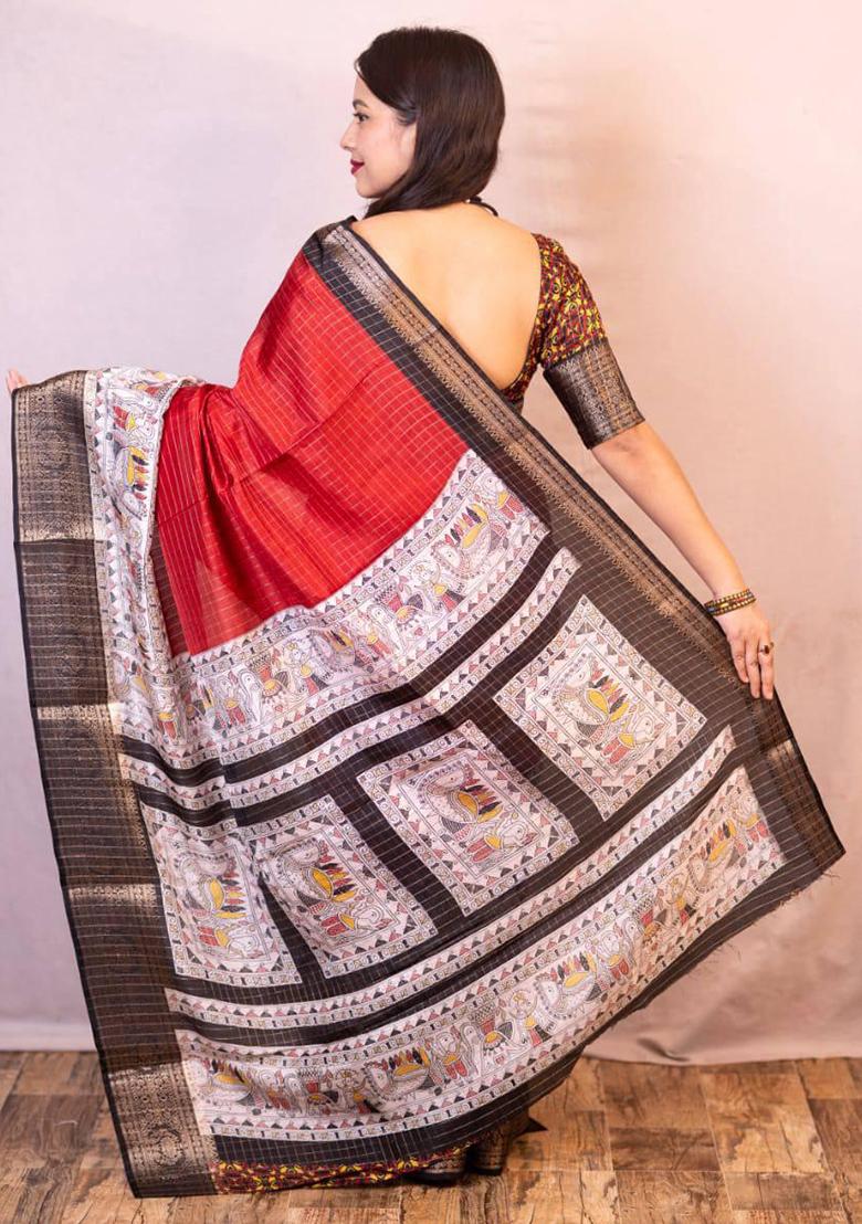 Red Embroidered Silk Saree Set