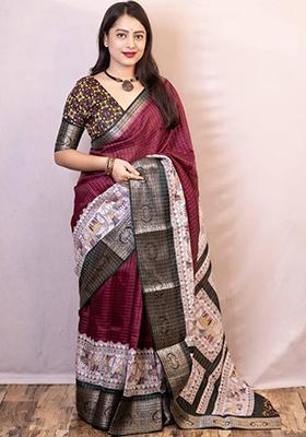 Wine Embroidered Silk Saree Set