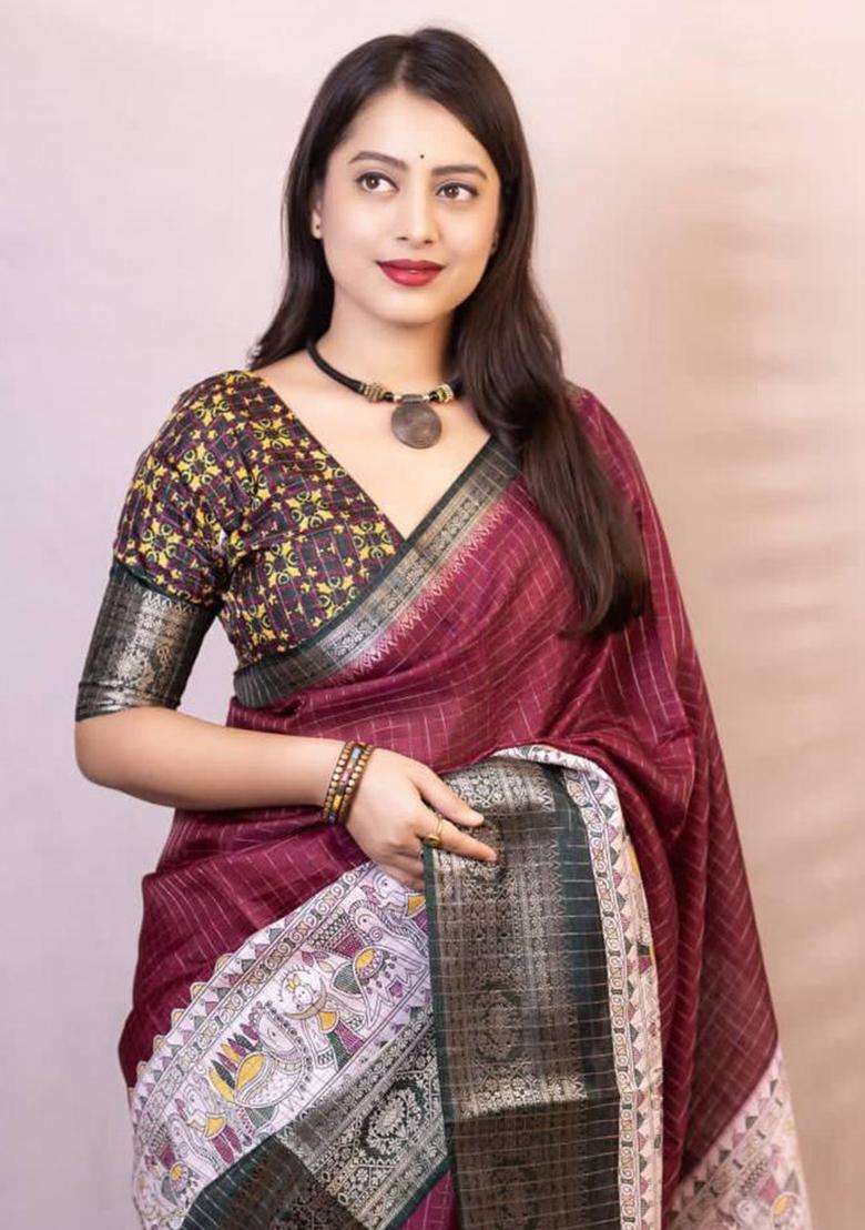 Wine Embroidered Silk Saree Set