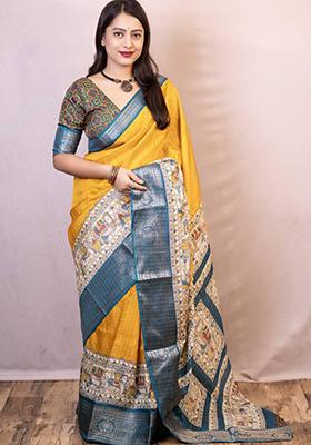 Yellow Embroidered Silk Saree Set