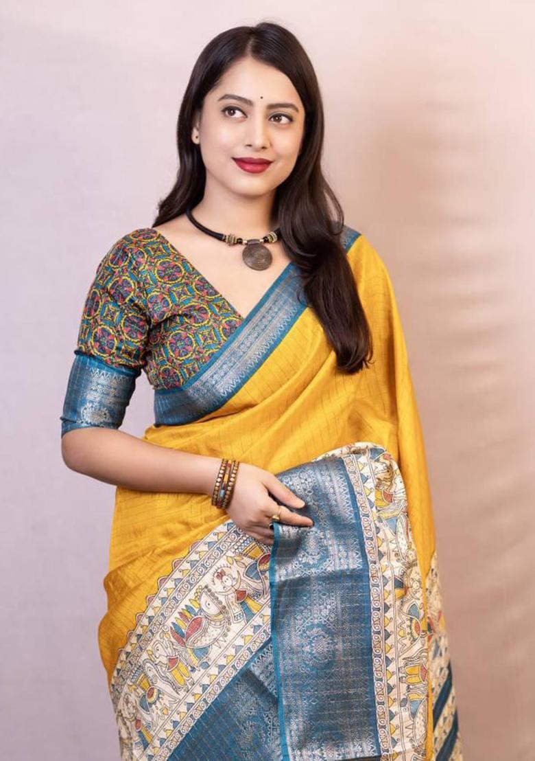 Yellow Embroidered Silk Saree Set
