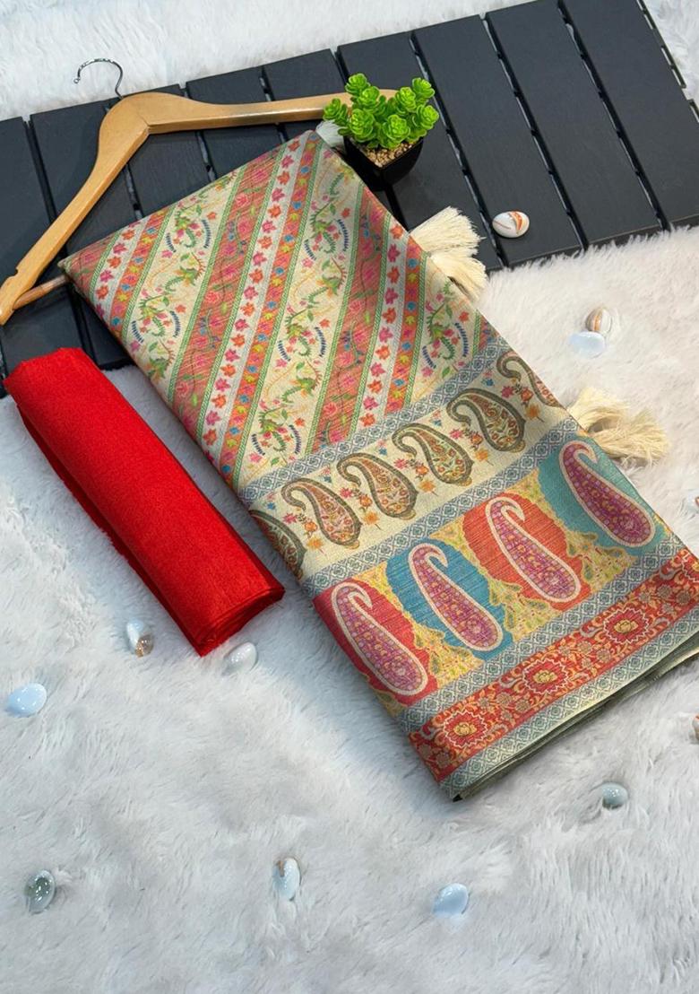 Beige Embroidered Pashmina Saree Set