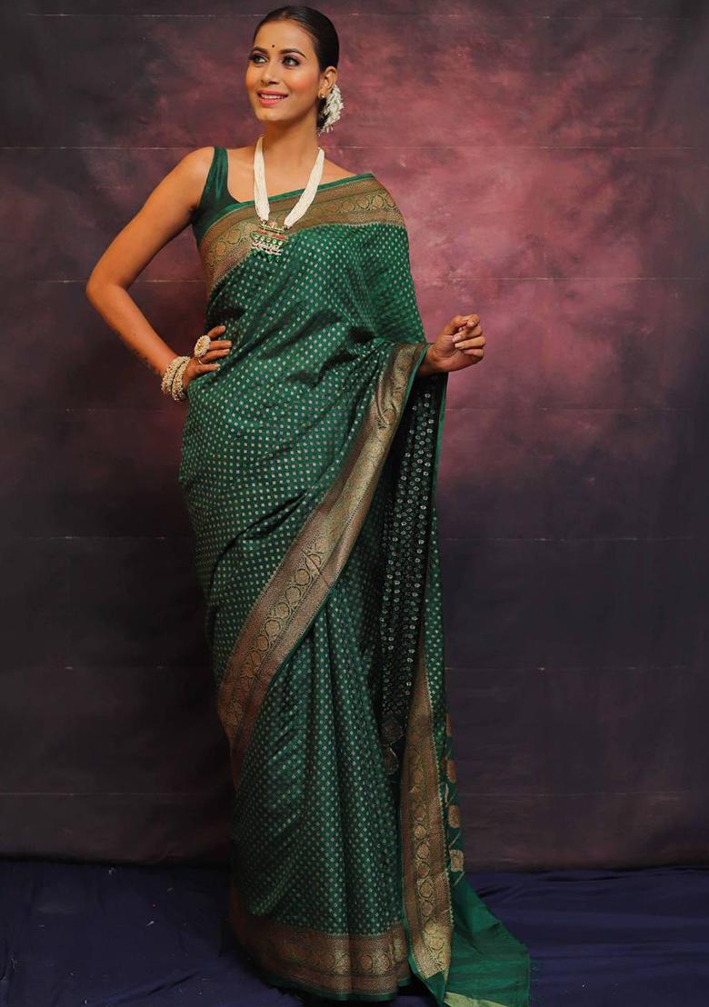 Green Embroidered Silk Saree Set