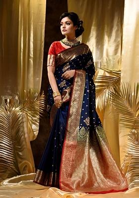 Blue Machine Embroidered Lichi Silk Saree Set
