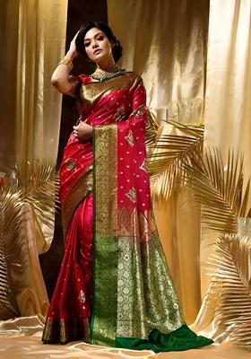 Red Machine Embroidered Lichi Silk Saree Set