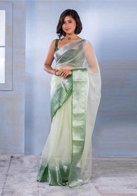 Green Machine Embroidered Nylon Organza Saree Set