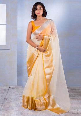 Mustard Machine Embroidered Nylon Organza Saree Set