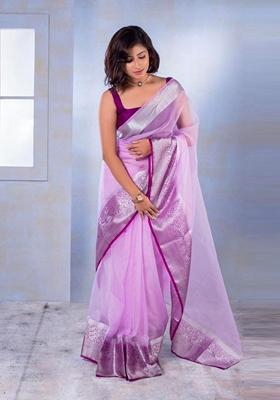 Purple Machine Embroidered Nylon Organza Saree Set