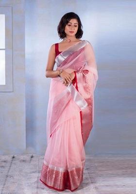 Red Machine Embroidered Nylon Organza Saree Set