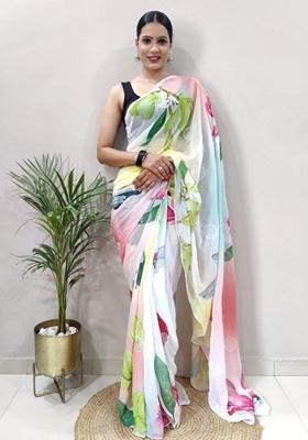 White Machine Embroidered Blooming Georgette Saree Set