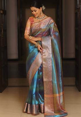 Blue Machine Embroidered Tissue Silk Saree Set