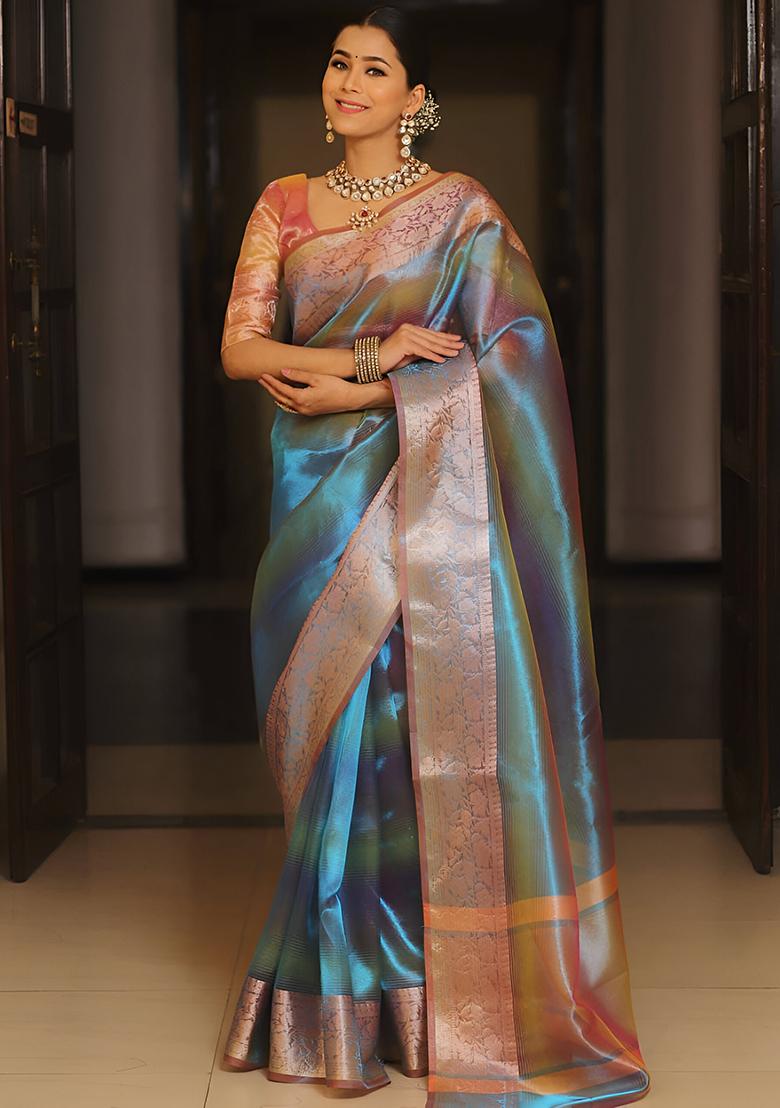Blue Machine Embroidered Tissue Silk Saree Set
