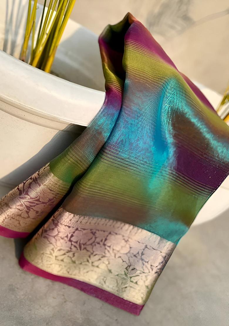 Blue Machine Embroidered Tissue Silk Saree Set