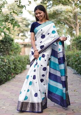 Blue Machine Embroidered Soft Dola Cotton Saree Set