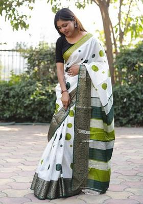 Green Machine Embroidered Soft Dola Cotton Saree Set