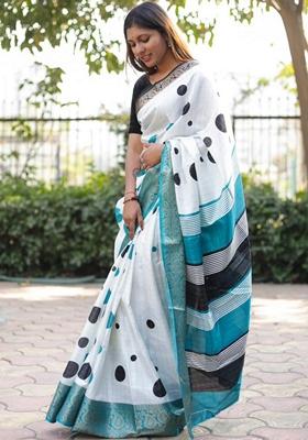 Light Blue Machine Embroidered Soft Dola Cotton Saree Set