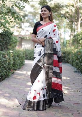 Red Machine Embroidered Soft Dola Cotton Saree Set