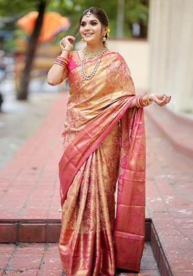 Mustard Machine Embroidered Lichi Silk Saree Set