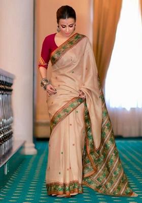 Beige Machine Embroidered Lichi Silk Saree Set