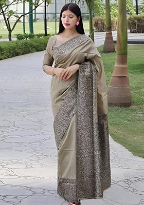 Beige Machine Embroidered Lichi Silk Saree Set