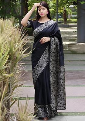 Black Machine Embroidered Lichi Silk Saree Set