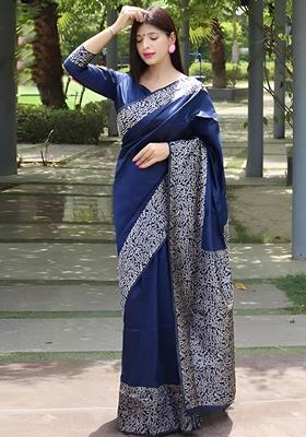 Blue Machine Embroidered Lichi Silk Saree Set