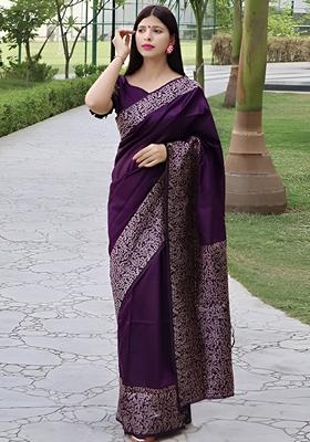 Purple Machine Embroidered Lichi Silk Saree Set