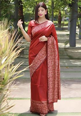 Red Machine Embroidered Lichi Silk Saree Set