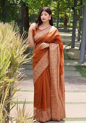 Rust Machine Embroidered Lichi Silk Saree Set