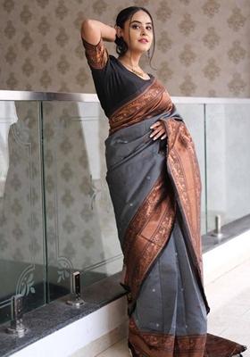 Grey Machine Embroidered Banarasi Soft Silk Saree Set