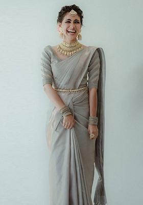 Grey Machine Embroidered Banarasi Soft Silk Saree Set