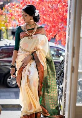 Cream Machine Embroidered Banarasi Soft Silk Saree Set