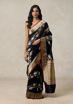 Black Machine Embroidered Banarasi Soft Silk Saree Set