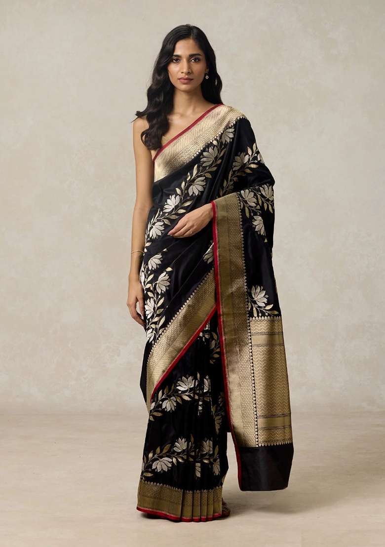 Black Machine Banarasi Soft Silk Blend Saree Set with Embroidered for Diwali | Wedding & Festive Wear - Indya