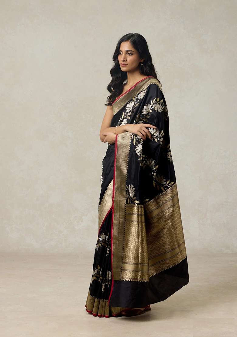 Black Machine Banarasi Soft Silk Blend Saree Set with Embroidered for Diwali | Wedding & Festive Wear - Indya