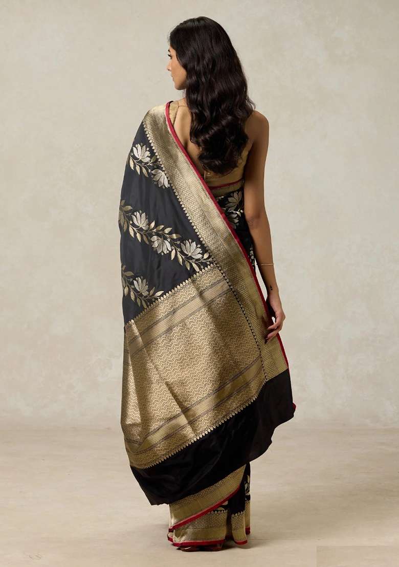 Black Machine Banarasi Soft Silk Blend Saree Set with Embroidered for Diwali | Wedding & Festive Wear - Indya