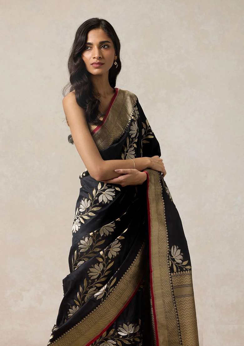 Black Machine Banarasi Soft Silk Blend Saree Set with Embroidered for Diwali | Wedding & Festive Wear - Indya