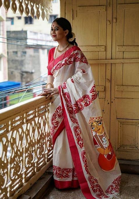 White Machine Embroidered Banarasi Soft Silk Saree Set