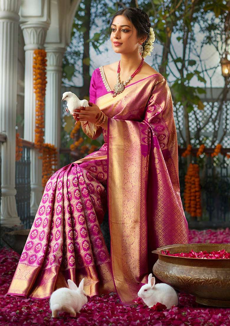 Pink Machine Embroidered Banarasi Soft Silk Blend Saree Set - Indya