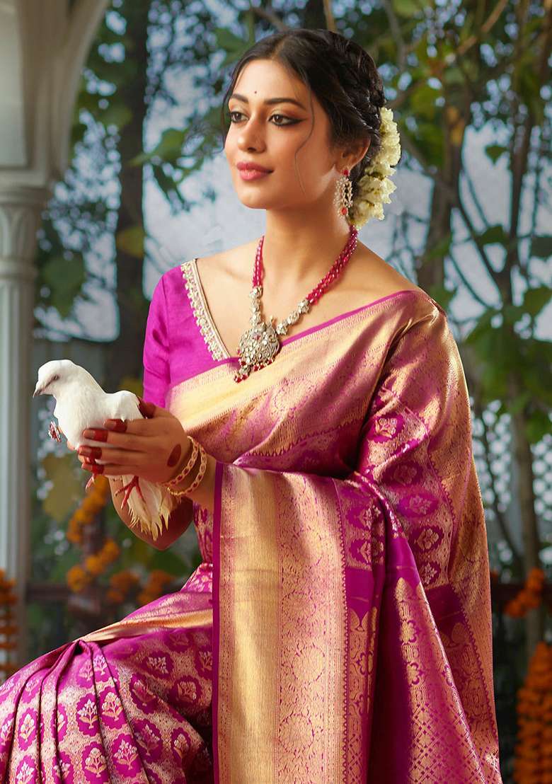Pink Machine Embroidered Banarasi Soft Silk Blend Saree Set - Indya