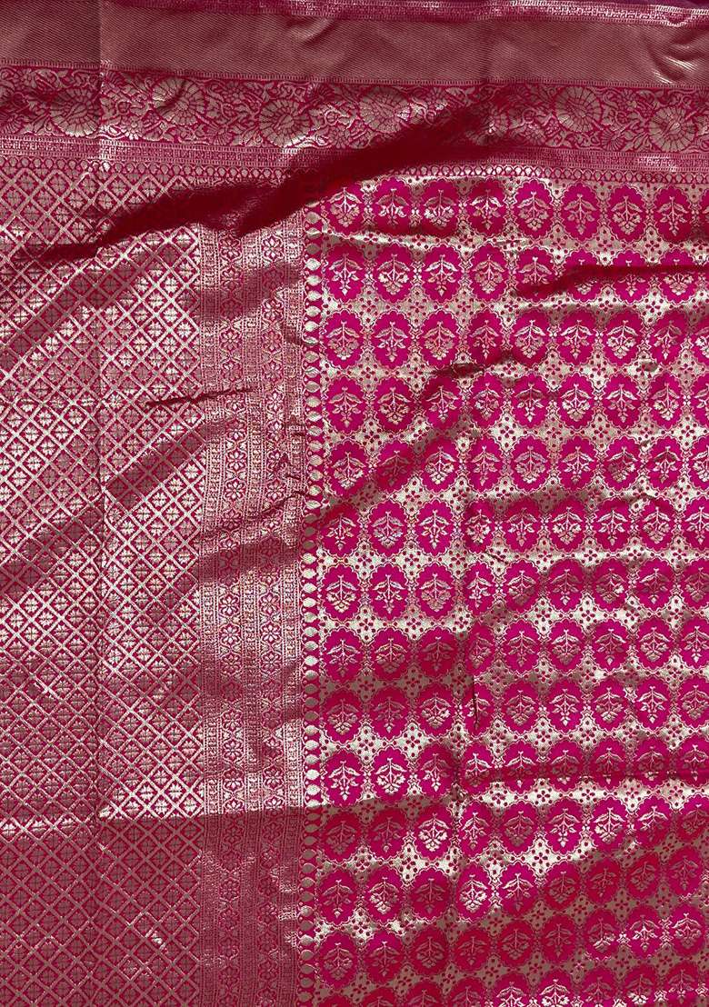 Pink Machine Embroidered Banarasi Soft Silk Blend Saree Set - Indya