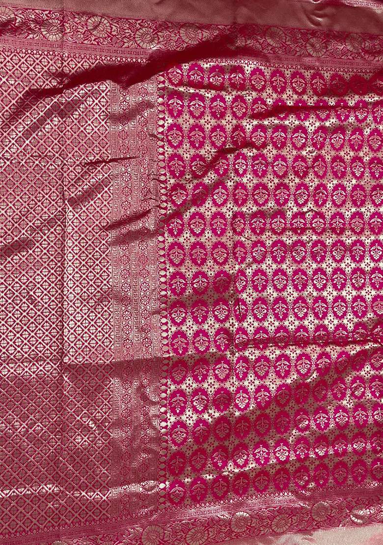 Pink Machine Embroidered Banarasi Soft Silk Blend Saree Set - Indya