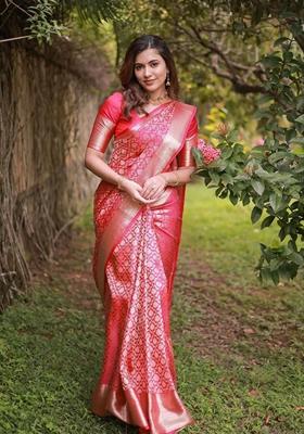 Pink Machine Embroidered Banarasi Soft Silk Saree Set