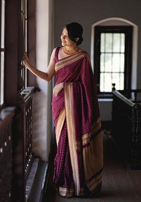 Wine Machine Embroidered Banarasi Soft Silk Saree Set