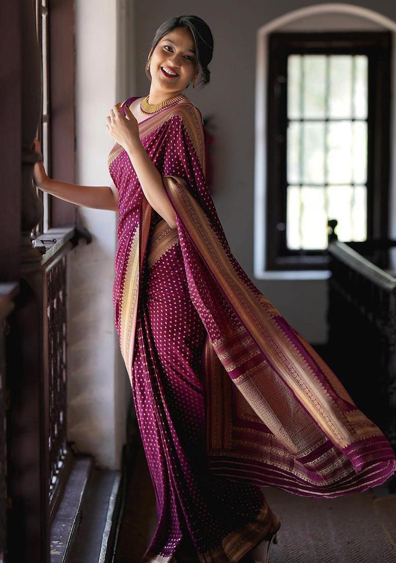 Wine Machine Embroidered Banarasi Soft Silk Saree Set