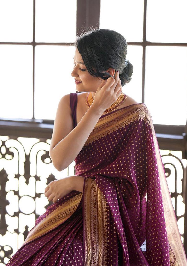 Wine Machine Embroidered Banarasi Soft Silk Saree Set