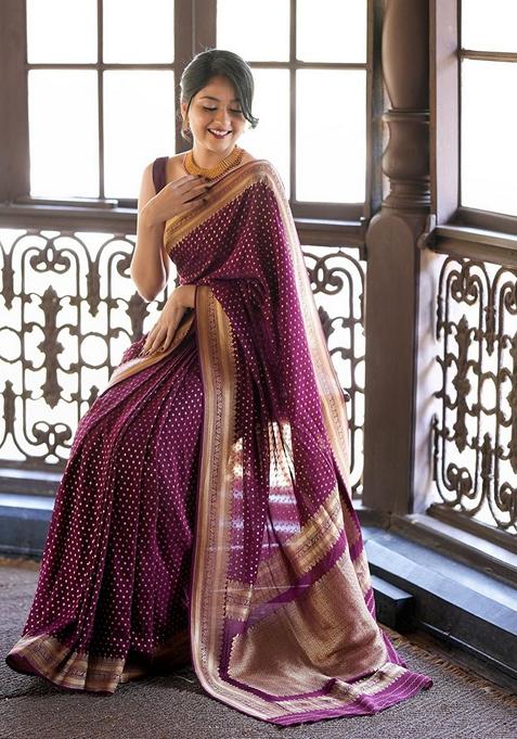 Wine Machine Embroidered Banarasi Soft Silk Saree Set