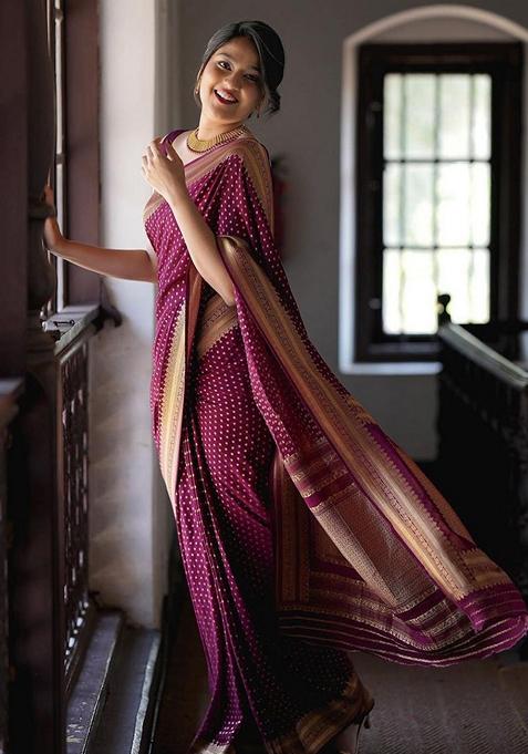 Wine Machine Embroidered Banarasi Soft Silk Saree Set