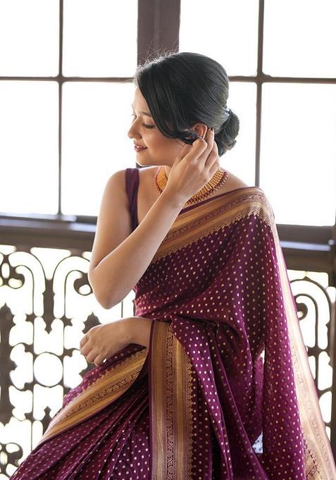 Wine Machine Embroidered Banarasi Soft Silk Saree Set